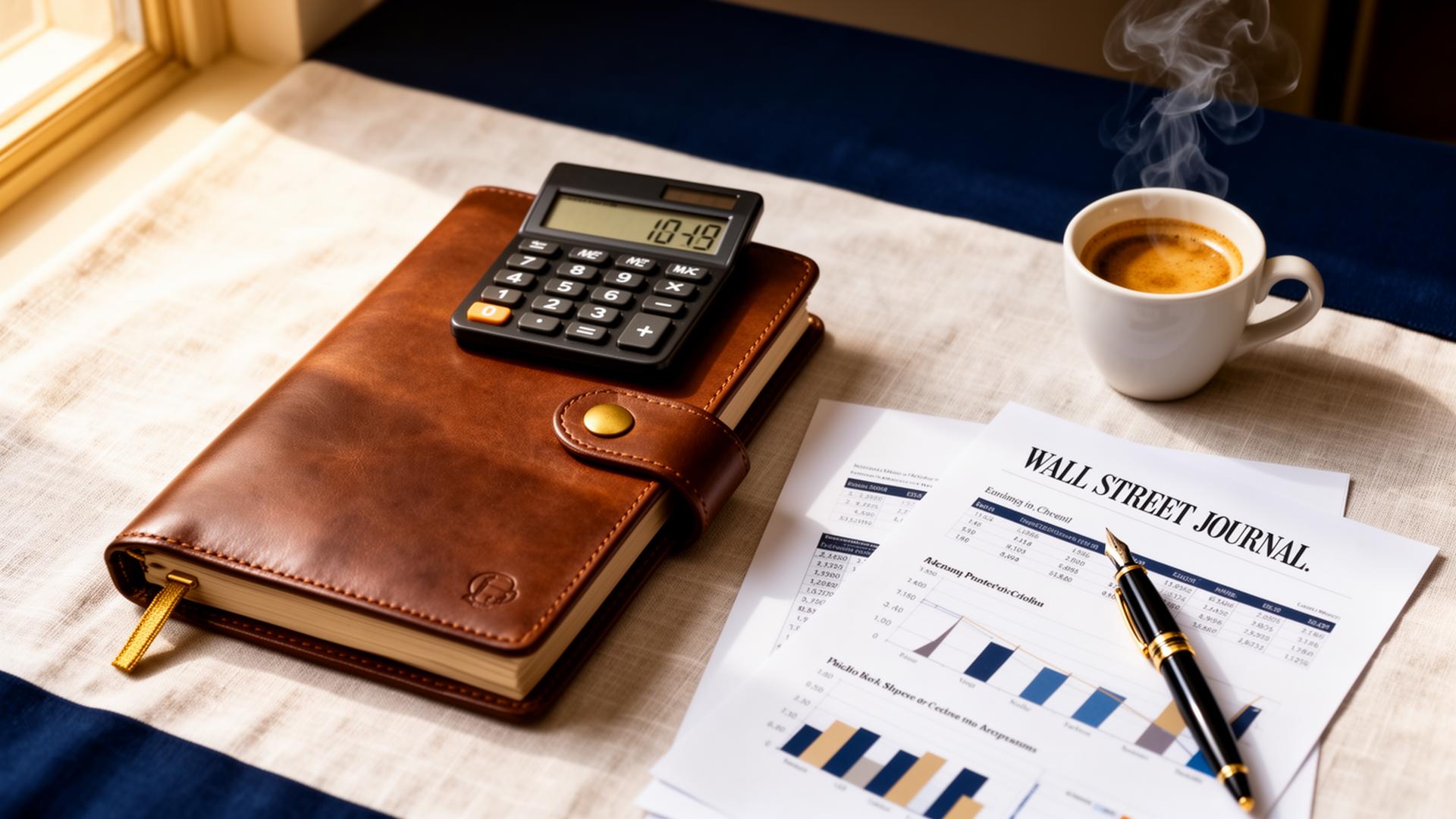 Leather ledger, calculator, espresso and printed financial statements on a small business owner's desk
