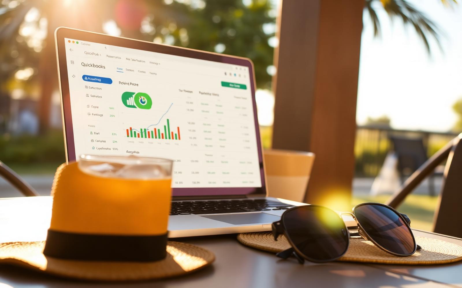 Small business owner reviewing QuickBooks Online dashboard on a laptop during a sunny summer afternoon